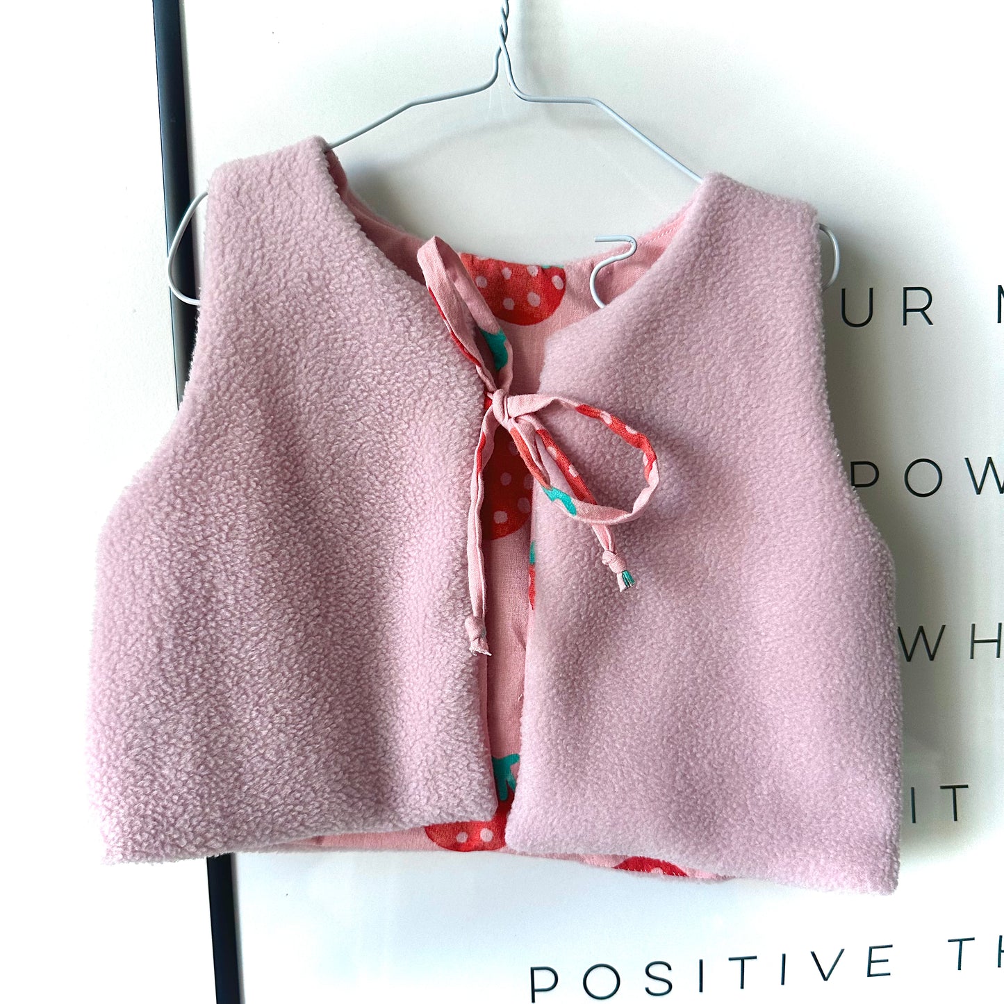Handmade Fleece Baby Vest (6-9 Months) - Rose Pink with Strawberry Lining