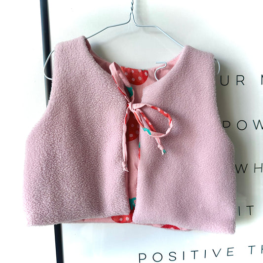Handmade Fleece Baby Vest (6-9 Months) - Rose Pink with Strawberry Lining
