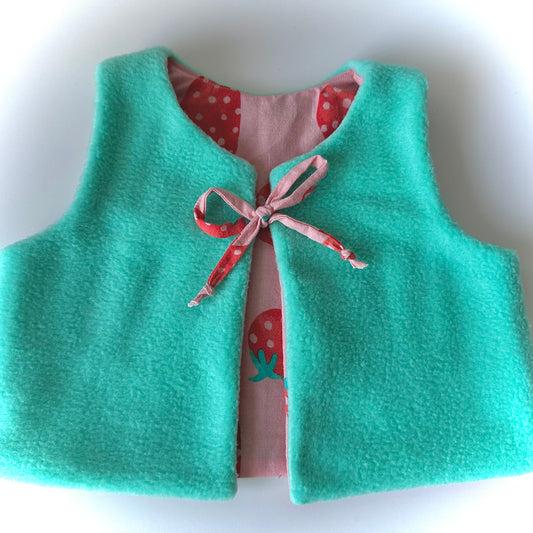 Handmade Fleece Baby Vest (6-9 Months) - Vibrant Turquoise with Strawberry Lining