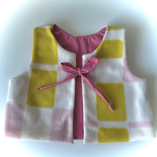 Handmade Fleece Baby Vest (6-9 Months) - Natural White with Block Pattern & Pink Lining