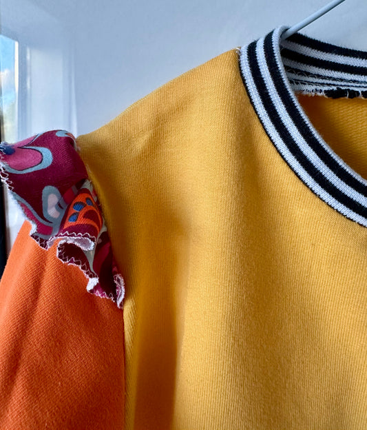 Handmade Baby Sweatshirt (6–9 Months) – Yellow & Orange with Ruffles