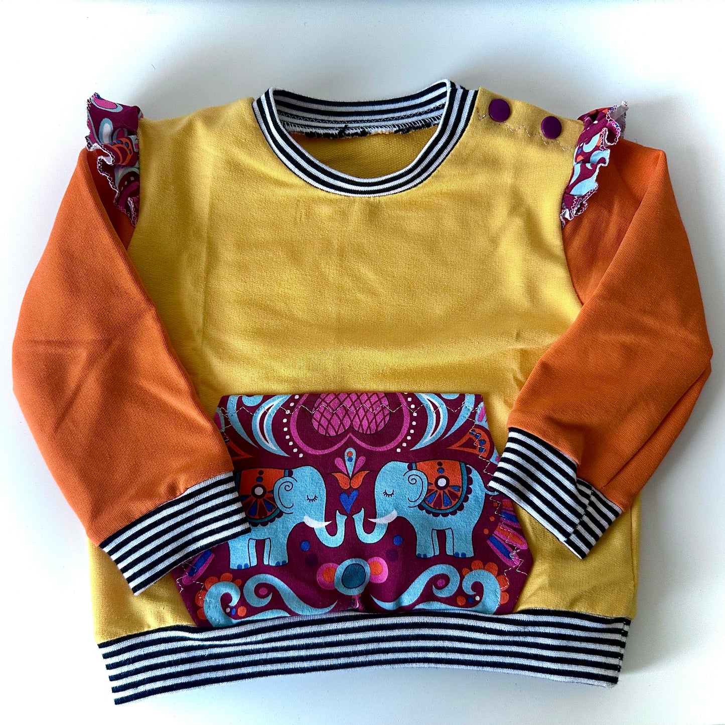 Handmade Baby Sweatshirt (6–9 Months) – Yellow & Orange with Ruffles