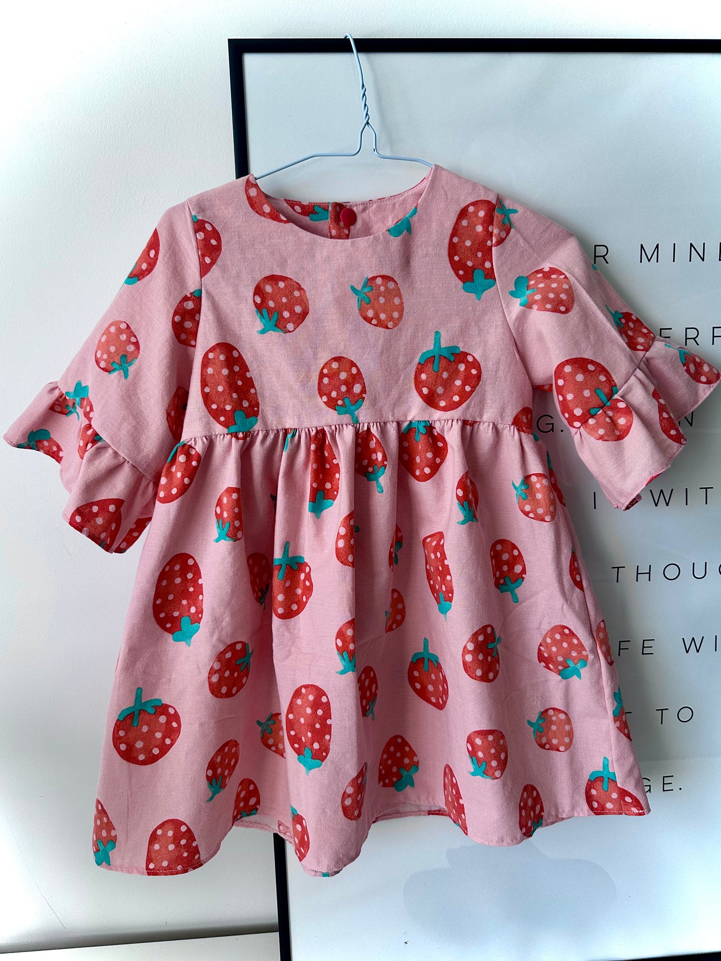 Handmade Smock Dress with Ruffles (2–3 Years) – Strawberry Print