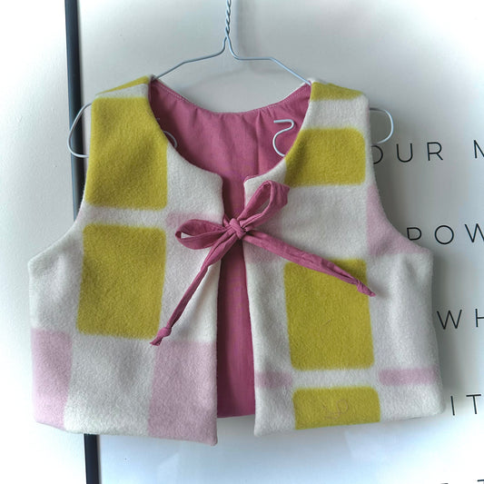 Handmade Fleece Baby Vest (6-9 Months) - Natural White with Block Pattern & Pink Lining
