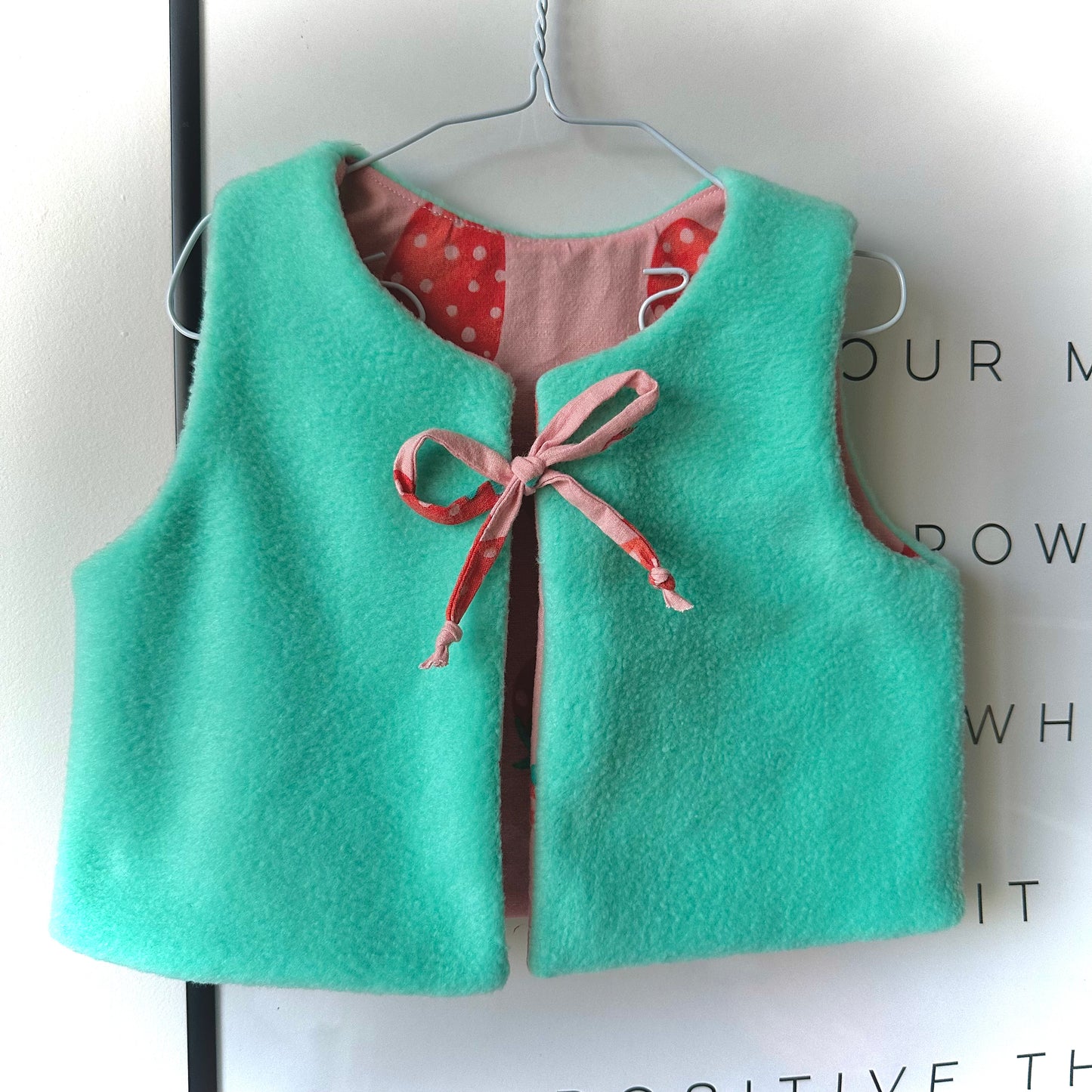 Handmade Fleece Baby Vest (6-9 Months) - Vibrant Turquoise with Strawberry Lining