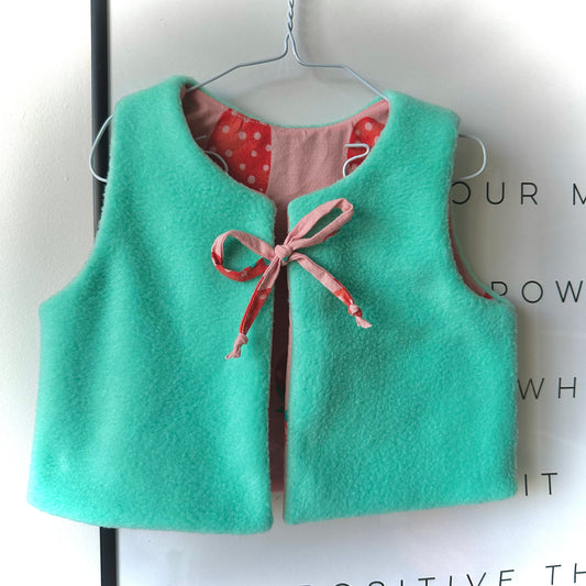 Handmade Fleece Baby Vest (6-9 Months) - Vibrant Turquoise with Strawberry Lining