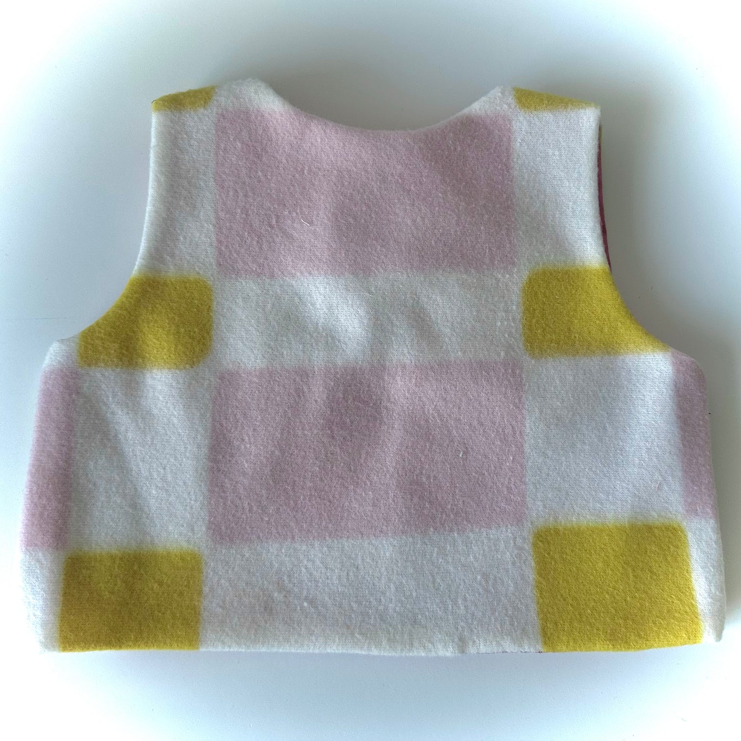 Handmade Fleece Baby Vest (6-9 Months) - Natural White with Block Pattern & Pink Lining