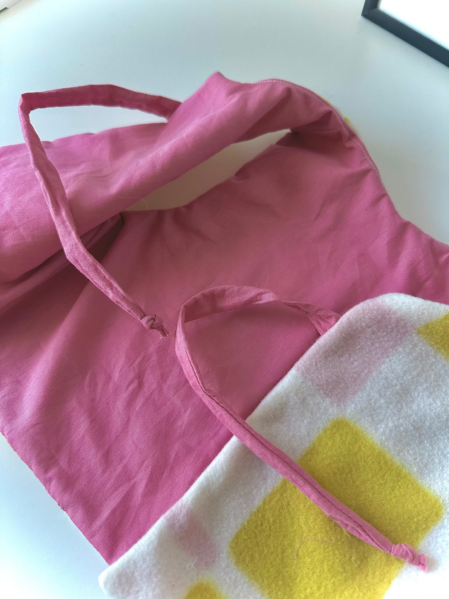 Handmade Fleece Baby Vest (6-9 Months) - Natural White with Block Pattern & Pink Lining