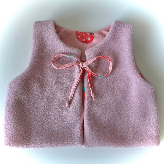 Handmade Fleece Baby Vest (6-9 Months) - Rose Pink with Strawberry Lining