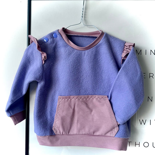 Handmade Baby Sweatshirt (6–9 Months) – Purple & Pink with Ruffles