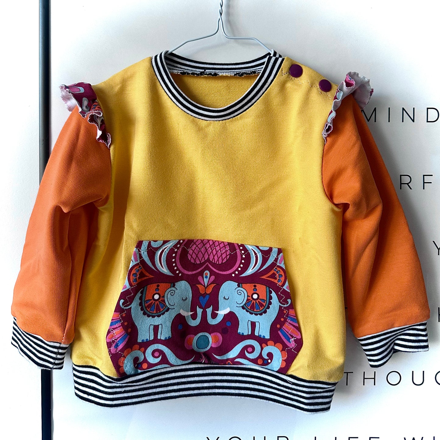 Handmade Baby Sweatshirt (6–9 Months) – Yellow & Orange with Ruffles