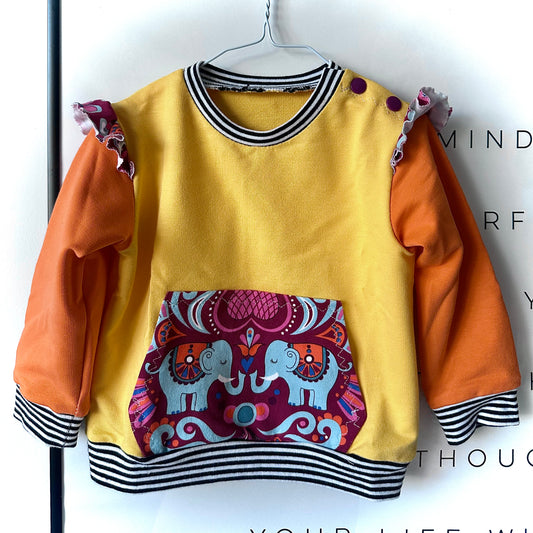 Handmade Baby Sweatshirt (6–9 Months) – Yellow & Orange with Ruffles