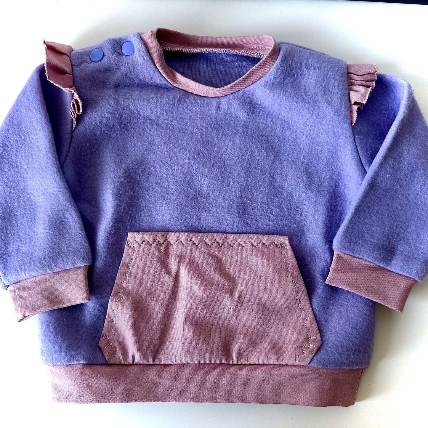 Handmade Baby Sweatshirt (6–9 Months) – Purple & Pink with Ruffles